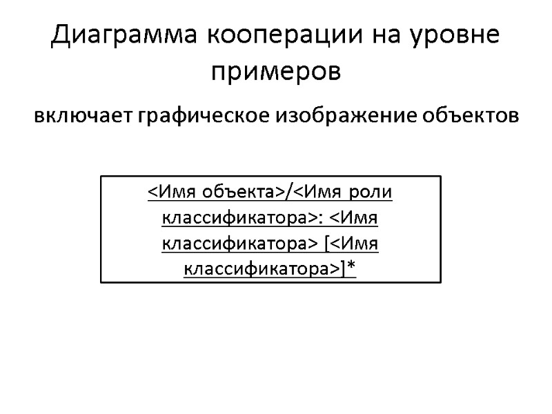 Диаграмма кооперации на уровне примеров включает графическое изображение объектов <Имя объекта>/<Имя роли классификатора>: <Имя